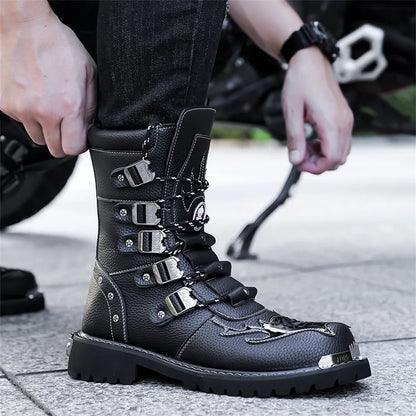 High Quality Men's Boots Fashion Punk Rock Style Motorcycle Boots Luxury Mid-Calf Leather Boot Mens Knight Boots Botas Masculino