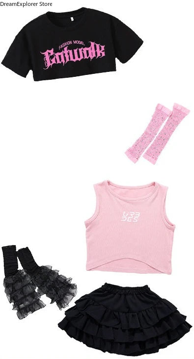 Girls K-pop Crop Top Street Dance Tiered Skirt Cargo Pants Children Costume Kids Hip Hop Streetwear Jazz Girl Group Clothes Sets