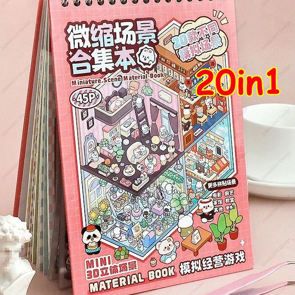 20Pcs Scenes Cartoon Landscape Sticker Book Forest Village DIY 3D Sticker Cabin Scene Pocket Birthday Gift for Kid Child Student
