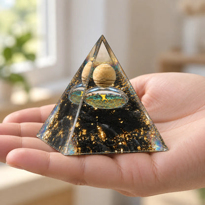 Orgone Pyramid with Picture Jasper Sphere Tree of Life Obsidian Gravel Orgonite Energy Generator Meditation Home Ornament