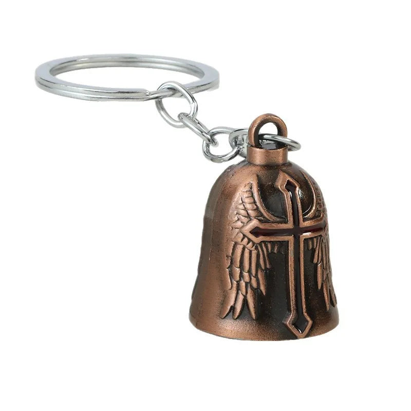 Punk Style Bell Keychain Metal Wing Cross Pendant Vintage Helmet Motorbike Rider Charm Bag Car Key Ring Gift