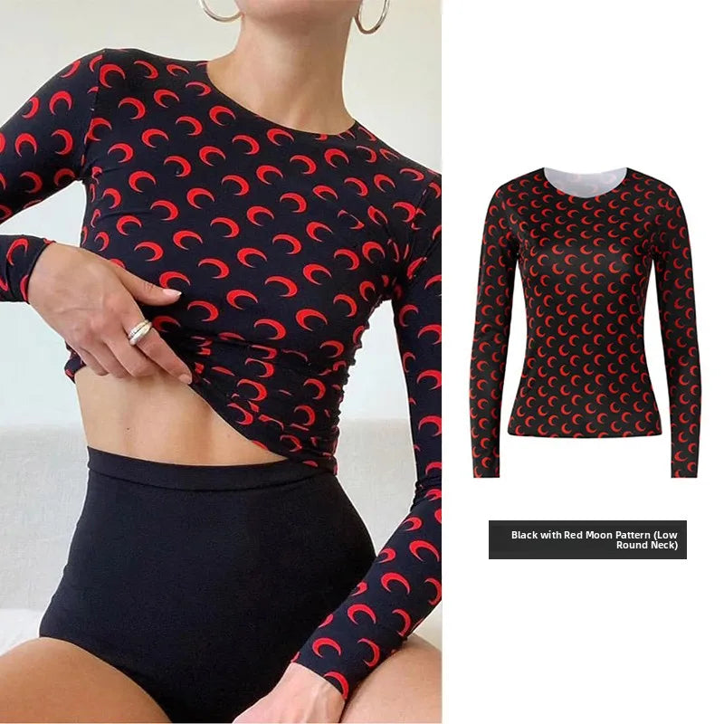 Ice Silk Two Piece Set Womens Sun Protection Clothes Long Sleeve Moon Print Top and Pants American Retro Sexy Autumn New