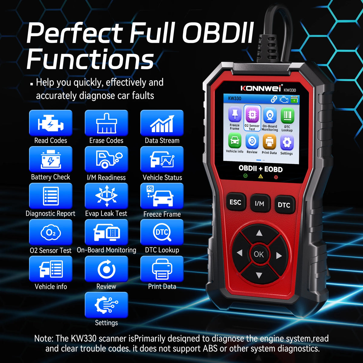 2026 KONNWEI KW330 Car OBD2 Diagnosis Tool Fault Scanner Engine Battery Test DTC LOOKUP Real-Time Data Stream OBD InspectionTool