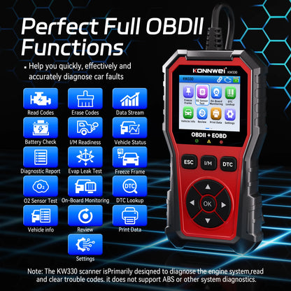 2026 KONNWEI KW330 Car OBD2 Diagnosis Tool Fault Scanner Engine Battery Test DTC LOOKUP Real-Time Data Stream OBD InspectionTool