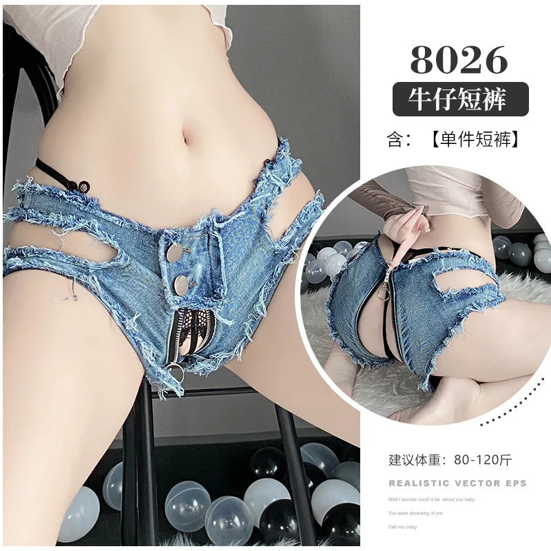Sexy Low-rise Open Crotch Shorts Bodysuit with Distressed Denim Nightclub Lingerie Set