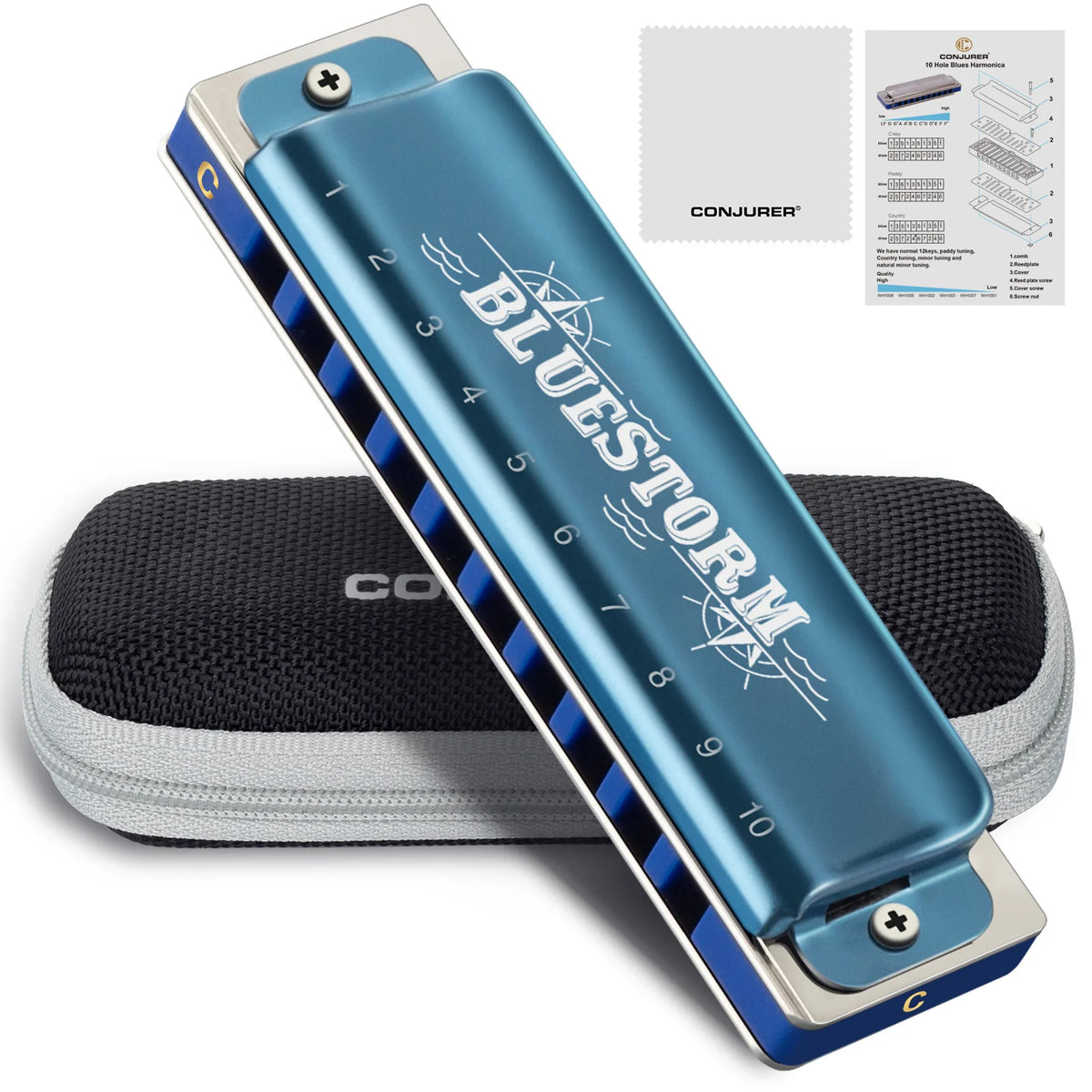 CONJURER 10 Holes Diatonic Harmonica WH1005BS BLUESTORM in 12 Keys for Professionals, Adults, Beginners and Gifts