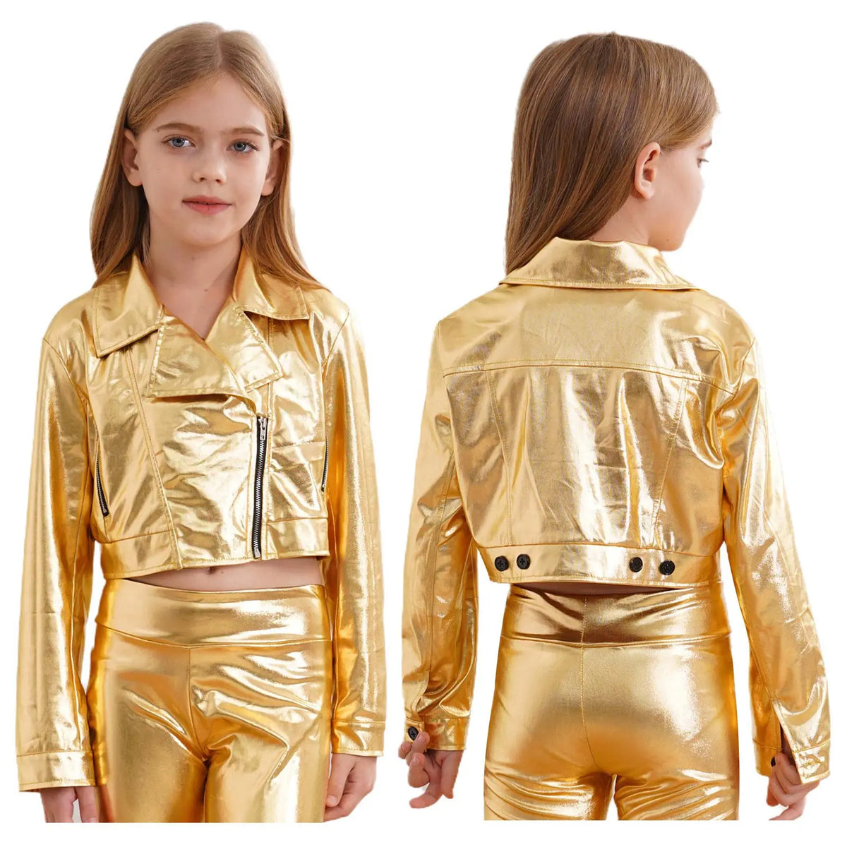 Kid Girls Boys Zipper Metallic Motorcycle Jacket Coat Hip-Hop Jazz Street Dance Outwear School Party Stage Performance Dancewear