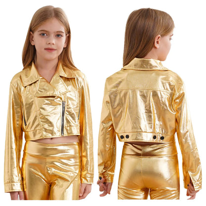Kid Girls Boys Zipper Metallic Motorcycle Jacket Coat Hip-Hop Jazz Street Dance Outwear School Party Stage Performance Dancewear