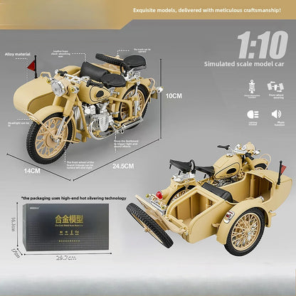 1:10 Three-wheeled Motorcycle Model Simulation Alloy Sound and Light Sliding Toy Car Retro Ornament