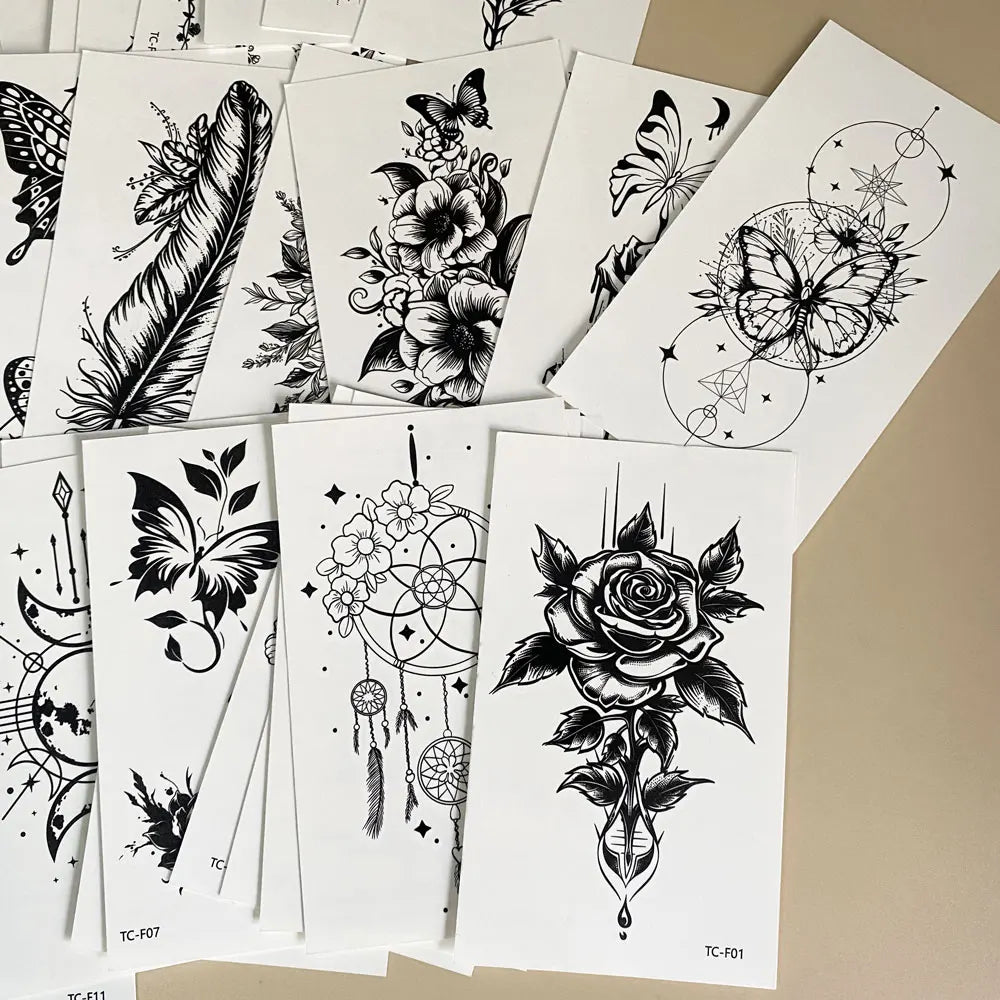 30pcs Black Small Temporary Tattoo Stickers for Men Women Waterproof Butterfly Flower Moon Fake Tattoo Stickers for Hand Body