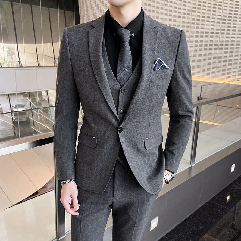 Winter Stripes Three-piece High-Grade Groom Wedding Suit with Vest And Trousers Business Fashion Handsome Casual Wedding Outfit