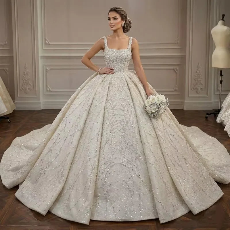 Customized New Large Skirt Elegant Princess Dress Wedding Dress Satin Shiny Sequin Rhinestone Puffy Skirt Vestido De Novia