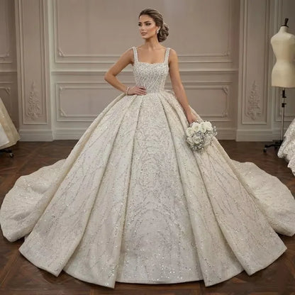 Customized New Large Skirt Elegant Princess Dress Wedding Dress Satin Shiny Sequin Rhinestone Puffy Skirt Vestido De Novia