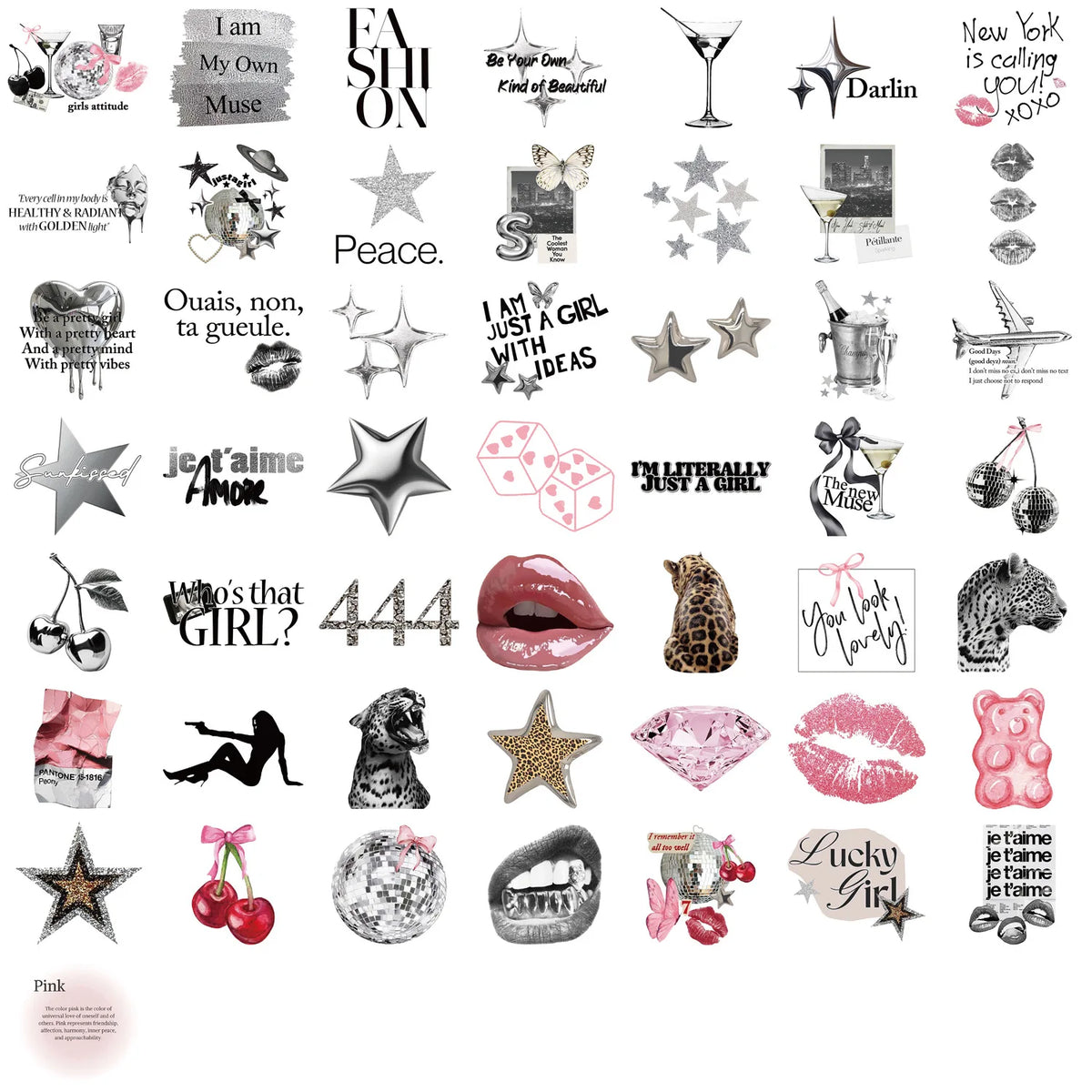 50PCS Silver Lucky Girl Retro Aesthetic Stickers Phone Guitar Laptop Notebook Suitcase Water Bottle Waterproof Sticker Decals