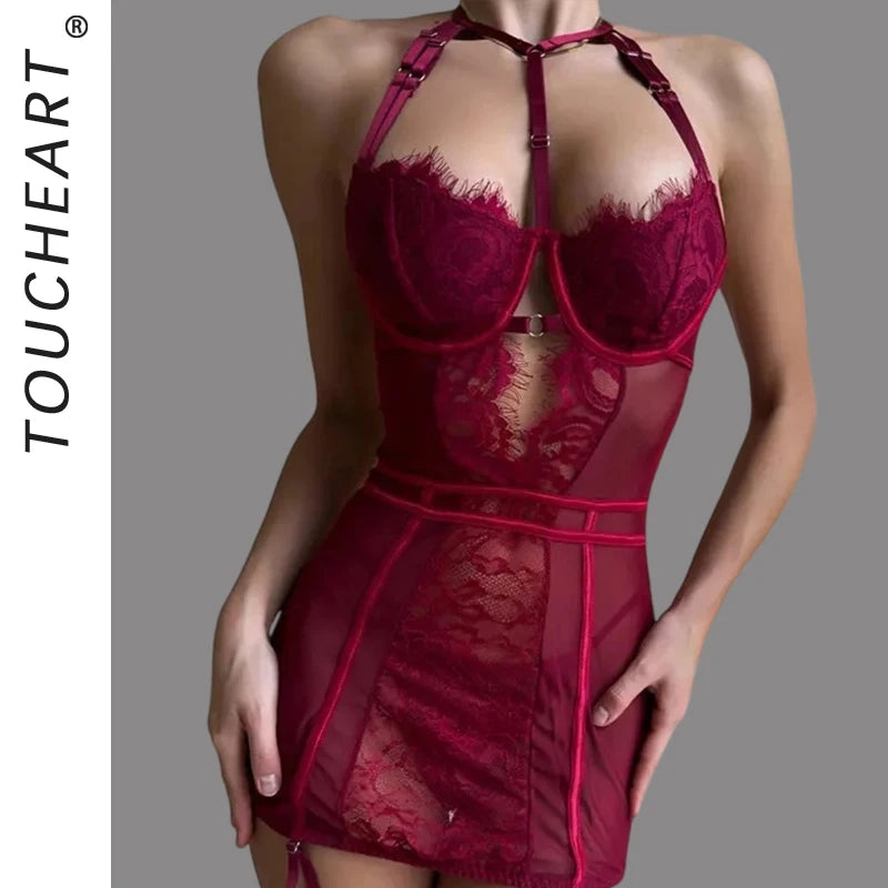 Toucheart Erotic Halter Bodysuit with Panty Lace See-through Body Shaping Patchwork Women Puredesire Sexy Flirt Hot Bodysuit Set