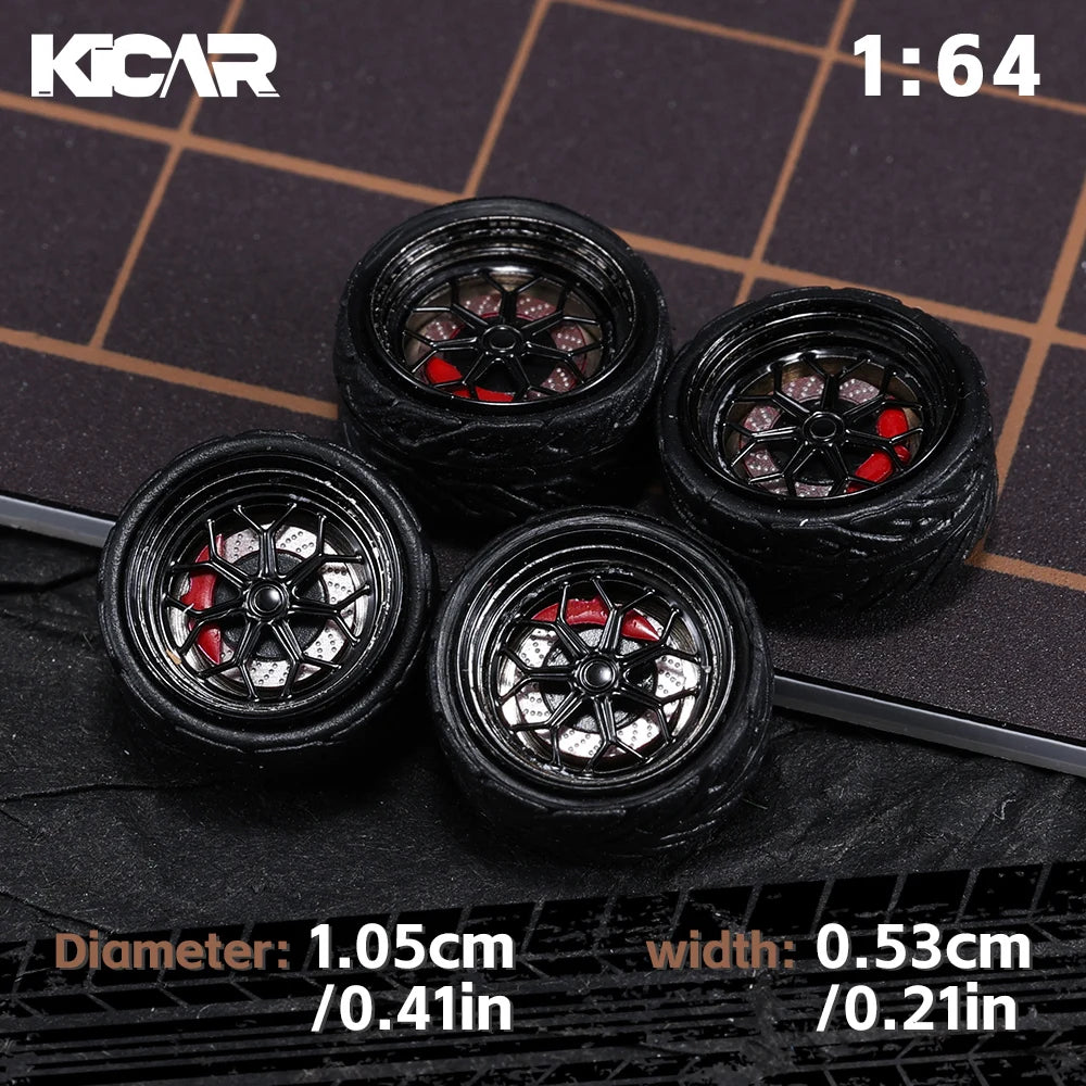 Kicarmod 1/64 10.5mm Alloy Model Wheels with Magnetic Hub Caps-with Rubber Tires for Tomica Custom Diecast Cars