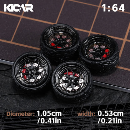 Kicarmod 1/64 10.5mm Alloy Model Wheels with Magnetic Hub Caps-with Rubber Tires for Tomica Custom Diecast Cars