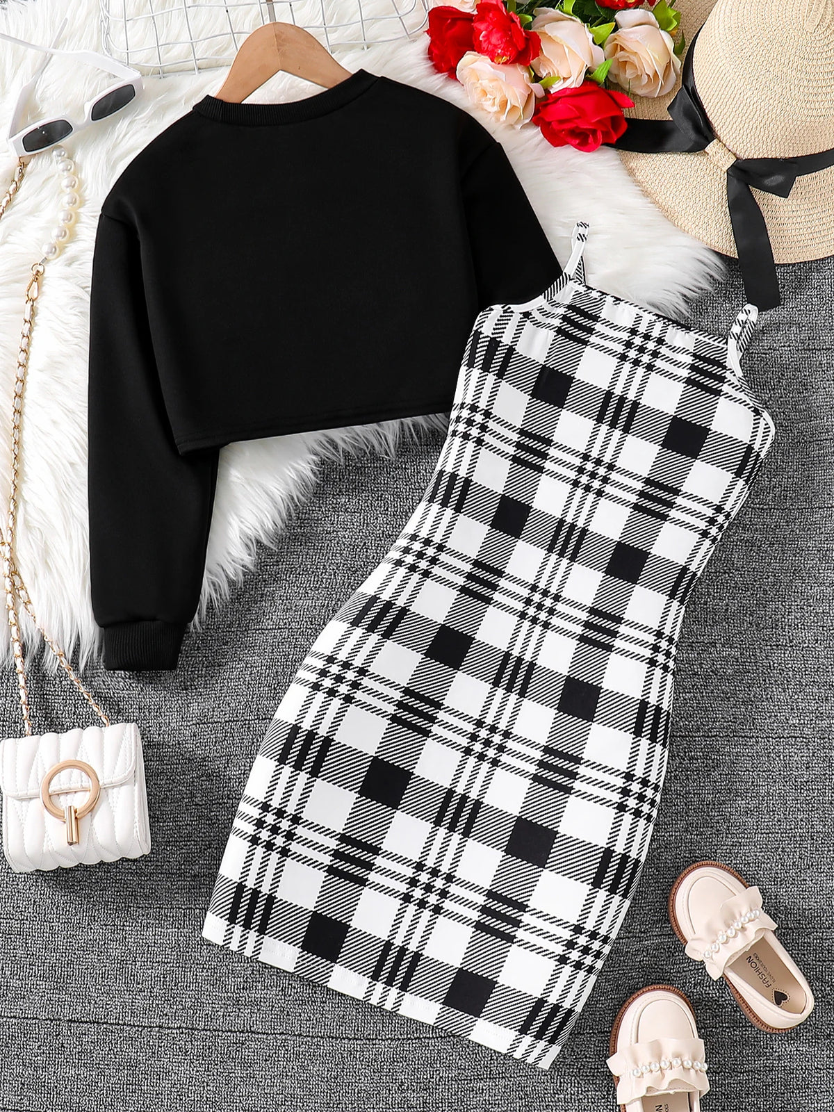 Spring and Autumn Girl Cute Fashion Outdoor Casual 2-Piece Round Neck Long Sleeve Top + Sleeveless Plaid Dress Set