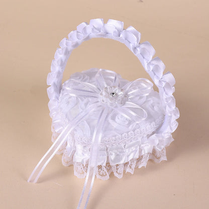 White Lace Heart Shaped Wedding Ring Box with Handle, Bridal Ring Bearer Pillow Box for Ceremony, Engagement Ring Holder Gift