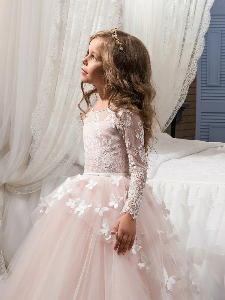 Elegant and Lovely butterfly Floor Mopping Flower Girl Wedding Dress, Lace Long-Sleeved Ball Dress