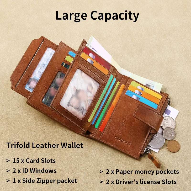 GERUOLA Men's Genuine Leather Wallet, Vintage RFID Blocking Anti-Theft Folding Wallet, ID Window, Coin Pocket, and Zipper Closur