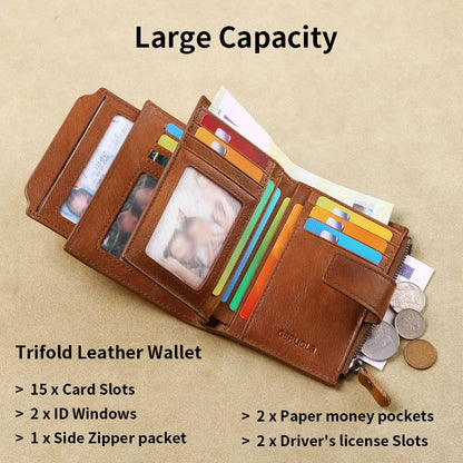GERUOLA Men's Genuine Leather Wallet, Vintage RFID Blocking Anti-Theft Folding Wallet, ID Window, Coin Pocket, and Zipper Closur