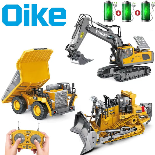 Oike 4WD Remote Control Excavator Alloy Dump Truck Bulldozer Radio Model RC Car Construction Vehicle with Lights Sound Toy Gift