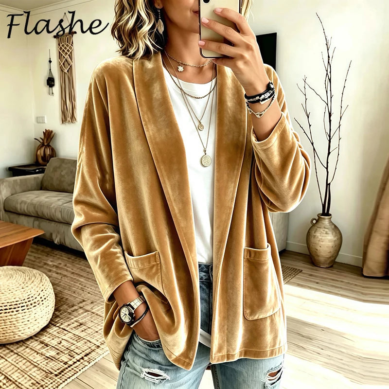 Women's Casual Jacket Velvet Blazer Lightweight Comfortable Open Front Casual Solid Color Casual Cardigan Lady Jacket Party Top