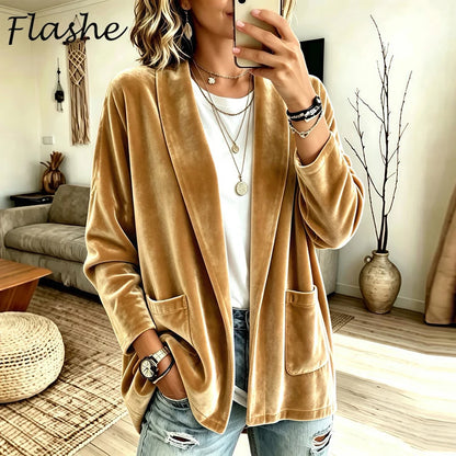 Women's Casual Jacket Velvet Blazer Lightweight Comfortable Open Front Casual Solid Color Casual Cardigan Lady Jacket Party Top