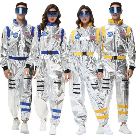 Adults Silver Astronaut Costume Space Suit Men Women Couple Jumpsuit Cosplay Halloween Carnival Party Dress Up