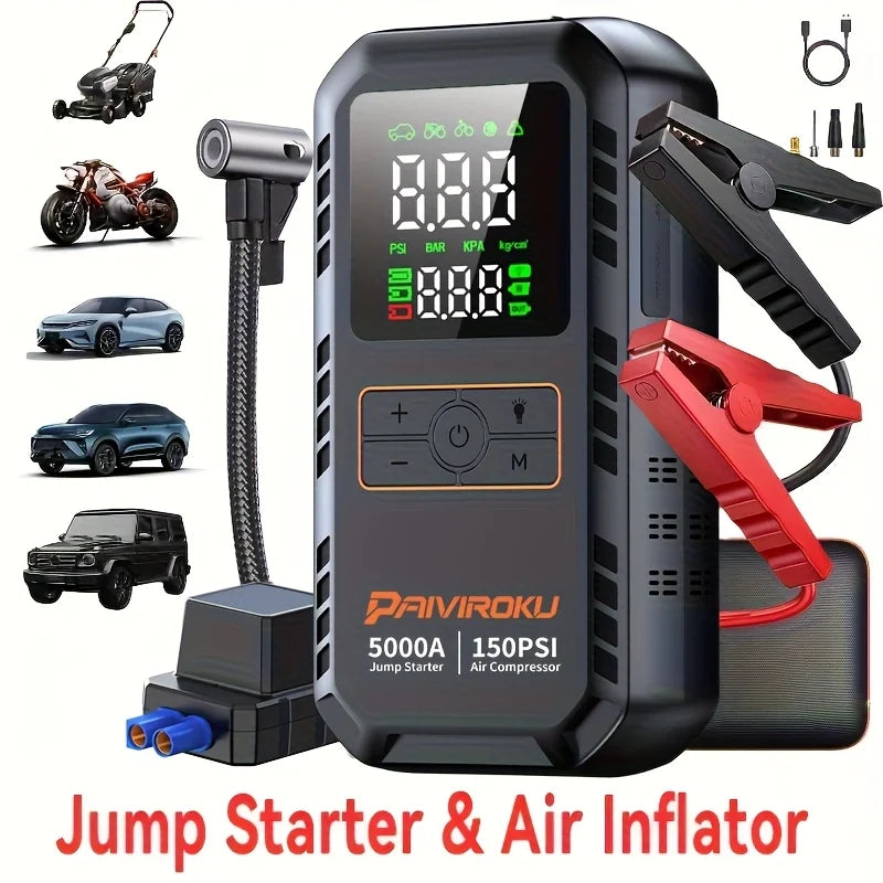 PAIVIROKU 5000A Car Jump Starter with Air Compressor 150PSI Air Pump  Auto Battery Booster Portable Power Bank Tire Inflator