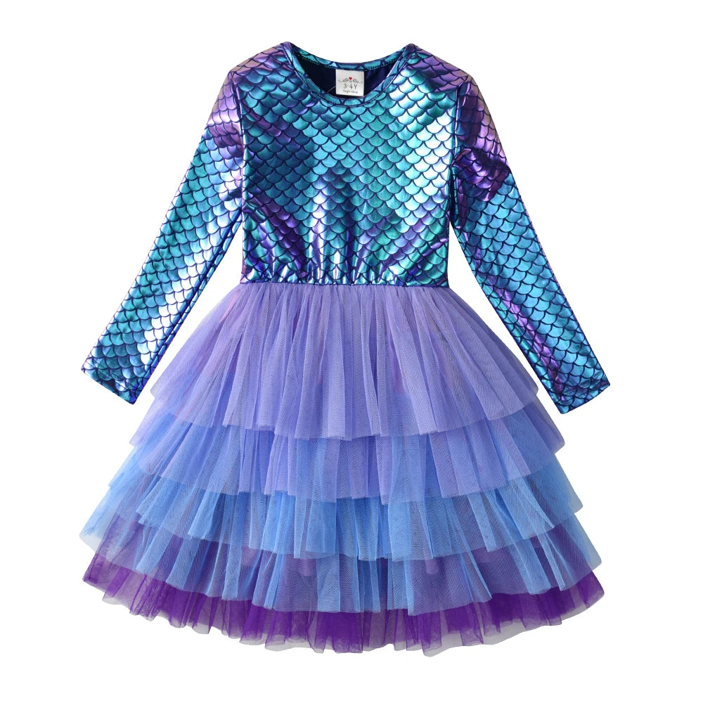 VIKITA Girls Mermaid Print Dress Kids Layered Mesh Tulle Cake Ball Gown Tutu Dresses Girl Party Performance Princess Dress 3-12Y