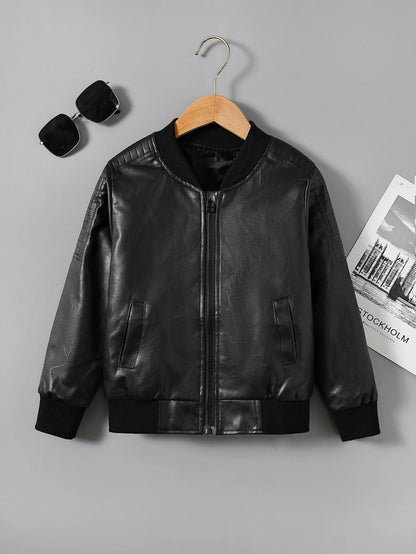 Children's Clothing for Boys, Pu Leather Jacket for Older Kids, Spring and Autumn Motorcycle Style Jacket, Black Baseball Jacket, Pu Leather Jacket in Chocolate Color, Autumn and Winter Jacket