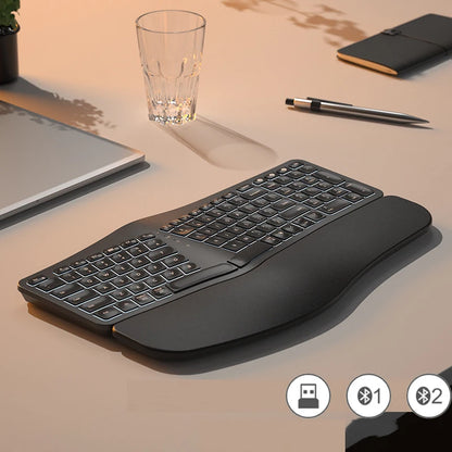 White Backlit Ergonomic Split Keyboard Bluetooth 2.4G Wireless Keyboard with Wrist Rest Rechageable Keyboard for Windows/Mac