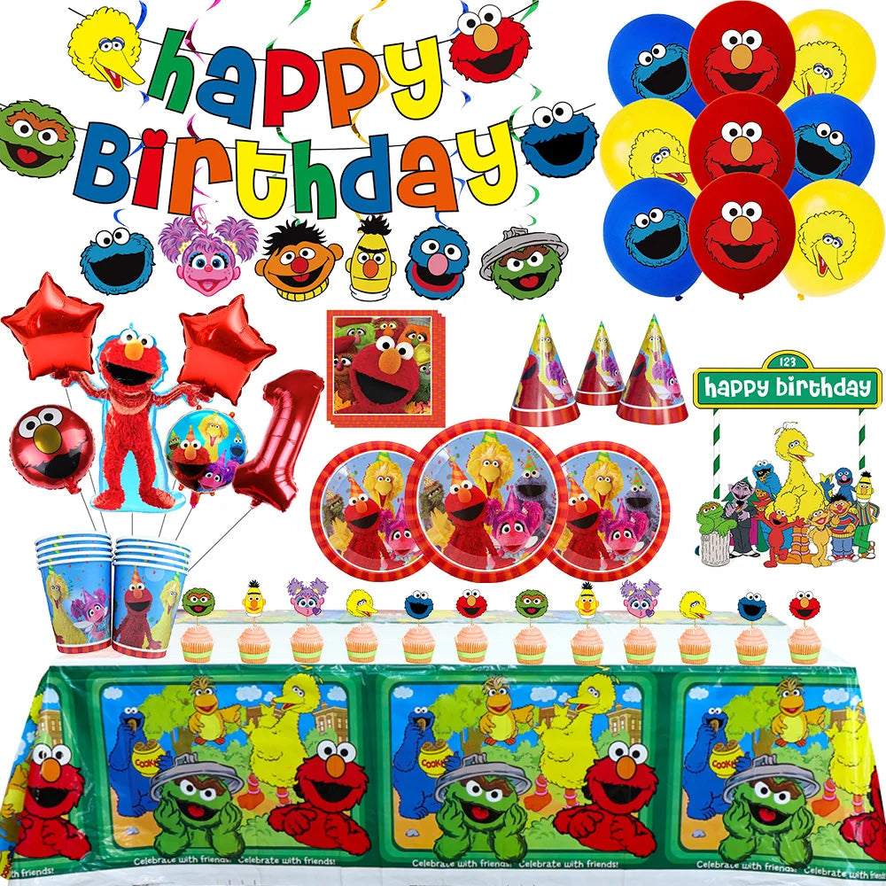 Cartoon Sesames  Street Birthday Party Decor Elmo and Friends Theme Tablecloth Plate Balloon Set Cake Decor Baby Shower