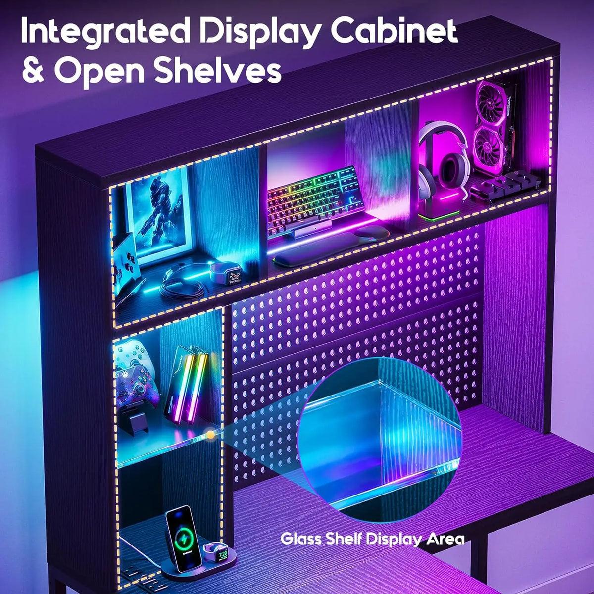 #63" L Shaped Gaming Desk with Hutch, Storage & Shelves, L Shaped Desk with 4 Drawers, Inserted LED Light Strip &, Customized
