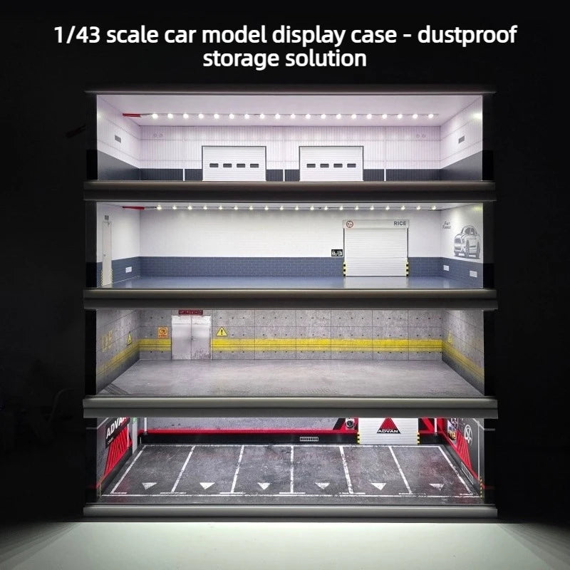 1:43 PVC Car Model Storage Parking Lot Scene Model Acrylic Dustproof Door RC Drift Garage Display Dustproof Box with LED Lights