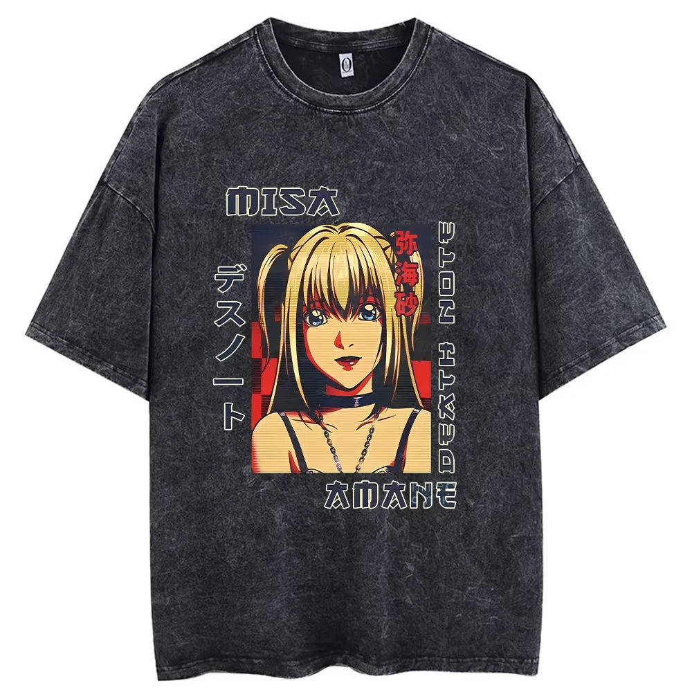 Harajuku Vintage Washed T Shirts Death Note Anime Graphic Printing T Shirt Cotton Fashion Streetwear Unisex Top Tee