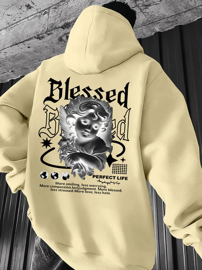 Men's Aesthetic Angel Hoodie Hip Hop Sports Streetwear Blessed Vintage Cherub Print Casual Loose Pullover Sweatshirt Tops