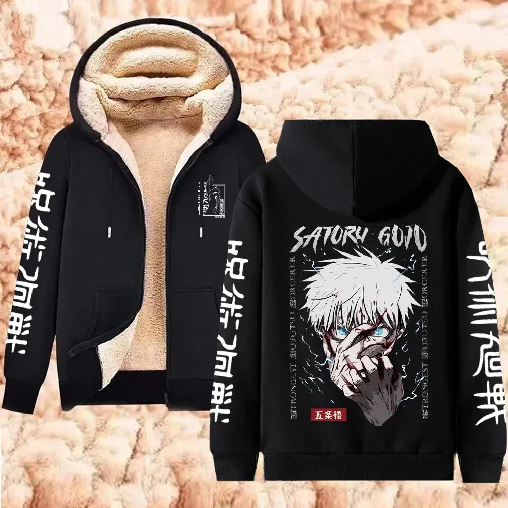 Jujutsu Kaisen Warm Zipper Jacket Gojo Satoru Anime Thicken Hoodie Men Women Lamb Wool Casual Long Sleeve Sweatshirts Streetwear