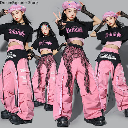 Girls K-pop Crop Top Street Dance Tiered Skirt Cargo Pants Children Costume Kids Hip Hop Streetwear Jazz Girl Group Clothes Sets