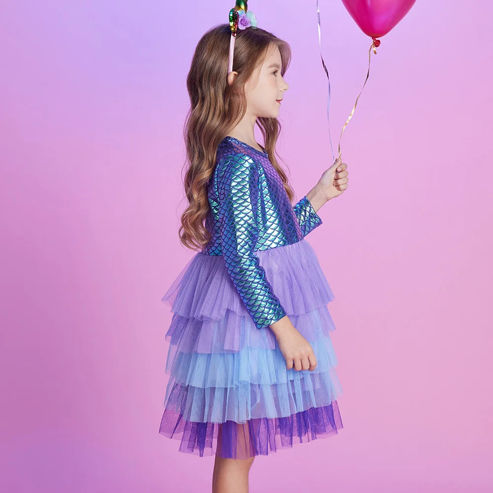VIKITA Girls Mermaid Print Dress Kids Layered Mesh Tulle Cake Ball Gown Tutu Dresses Girl Party Performance Princess Dress 3-12Y