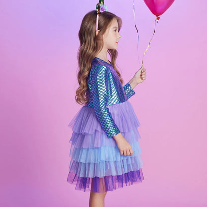 VIKITA Girls Mermaid Print Dress Kids Layered Mesh Tulle Cake Ball Gown Tutu Dresses Girl Party Performance Princess Dress 3-12Y