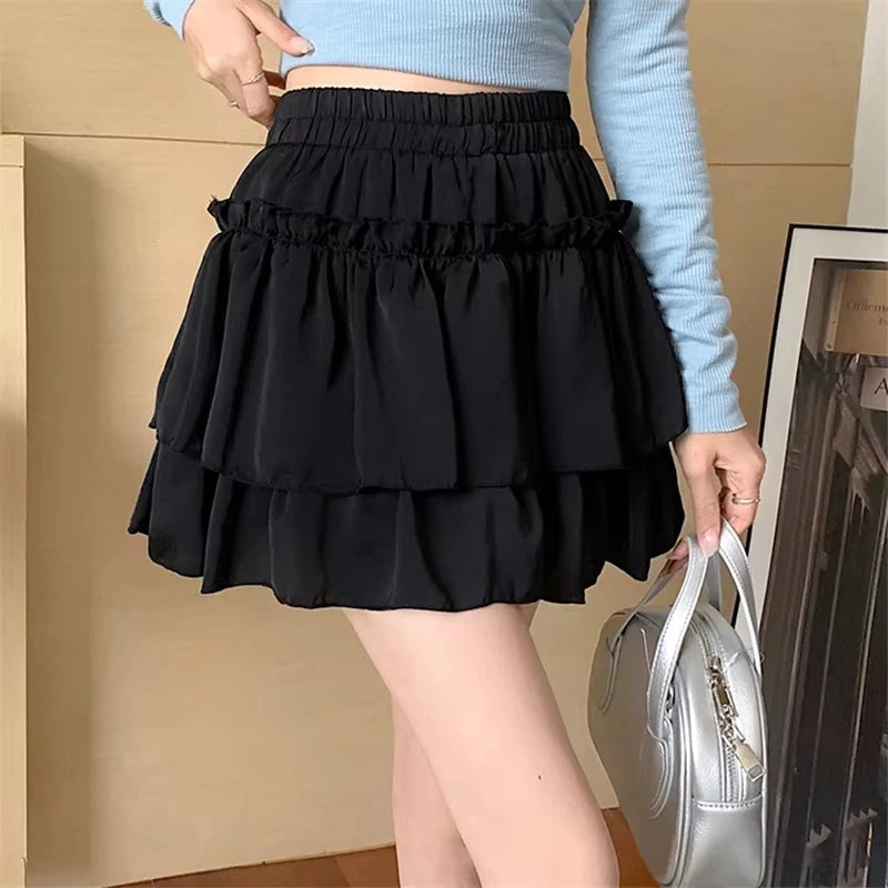 Sweet Cool Kawaii Y2K Puff Mini Skirt Women's Plaid High-Waist Lace Patchwork Bow Casual Dating Skirt  Lolita School Performance