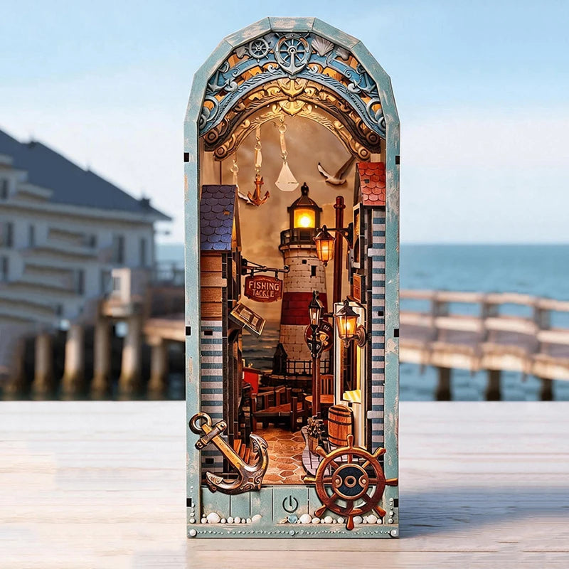 NEW DIY Wooden Shore Town House Book Nook Shelf Insert Kits Miniature Model Kit Bookend for Friends Birthday Gifts