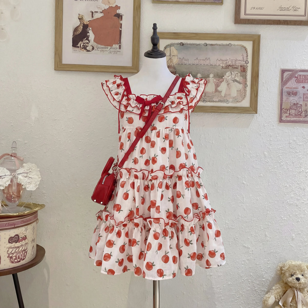 Summer Pure Desire Japanese Style Cute Earlet Lace Trim One Shoulder Floral Print Mini Skirt Women's Dress Fairy Dust Cake Short
