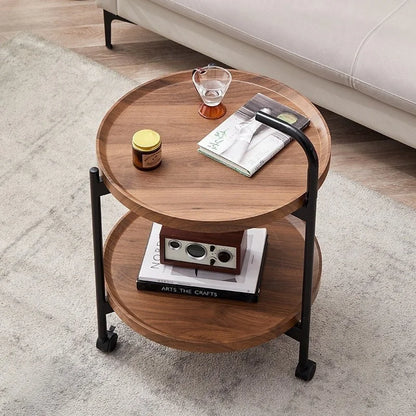 Nordic Style Rolling Side Table Multifunctional Double-Layer Coffee Table with Wheels Hardwood Side Table Movable Small Table