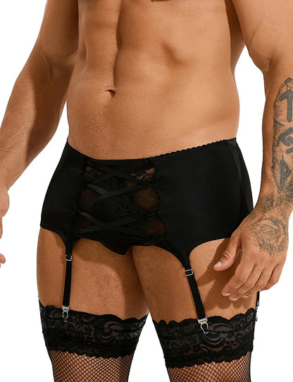 Men's Shiny Swim Fabric Lace Garter Belt | 6 Elastic Straps Adjustable Cross Strap Suspender Underwear