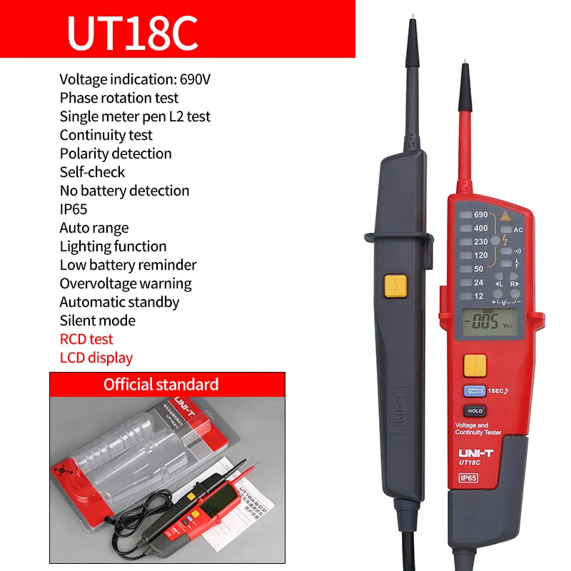 UNI-T Digital Voltmeter Tester UT18B UT18D AC DC Voltage Continunity  690V LCD Display 3 Phase Sequence RCD Electrical Tester