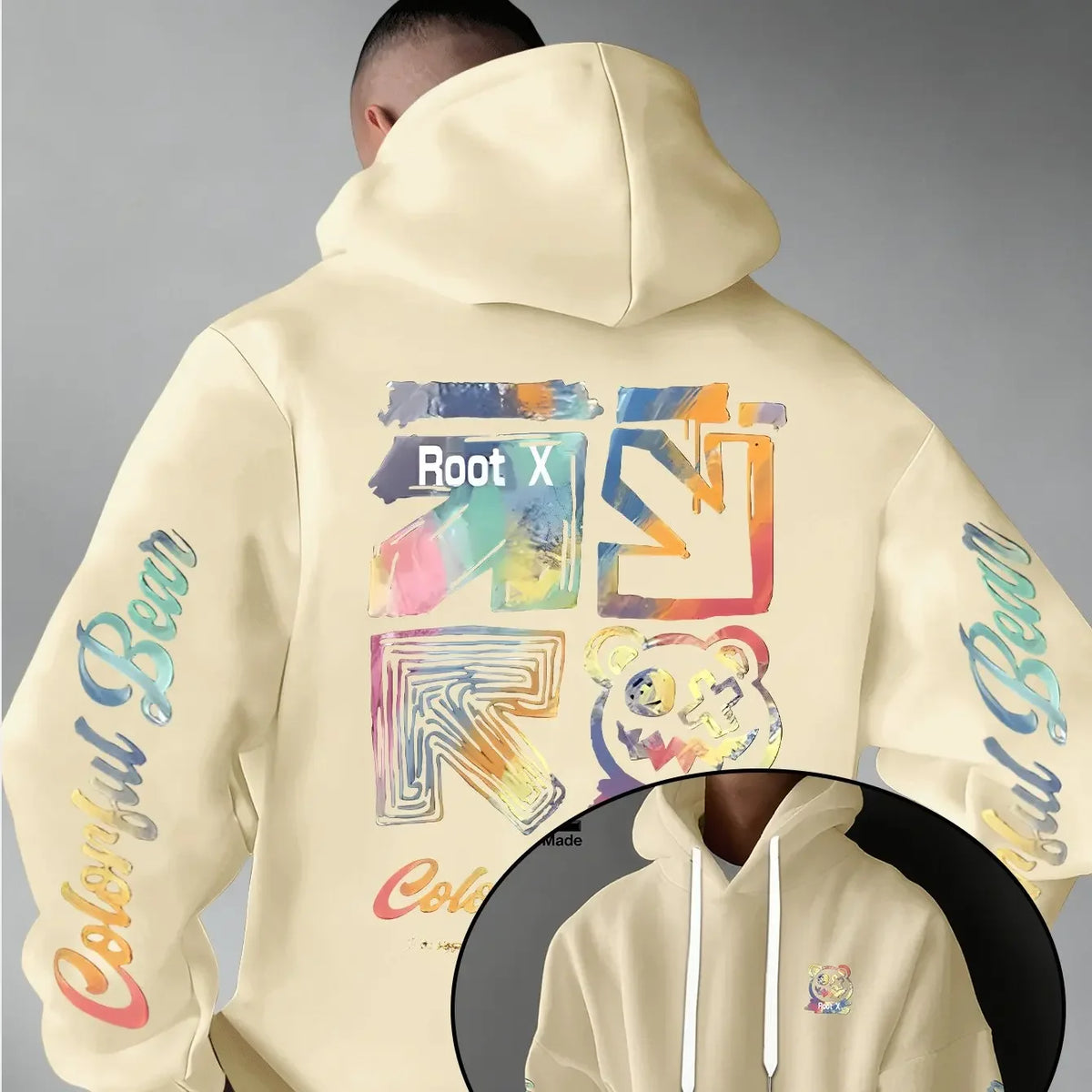 Men Thick Warm Hoodie Rainbow Splash Graffiti Root X Bear Colorful Bear Sleeve Text Print Urban Street Daily Commute Pullover
